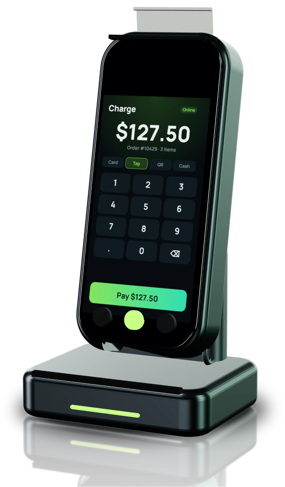 Invoxa handheld On The Go payment device on its dock