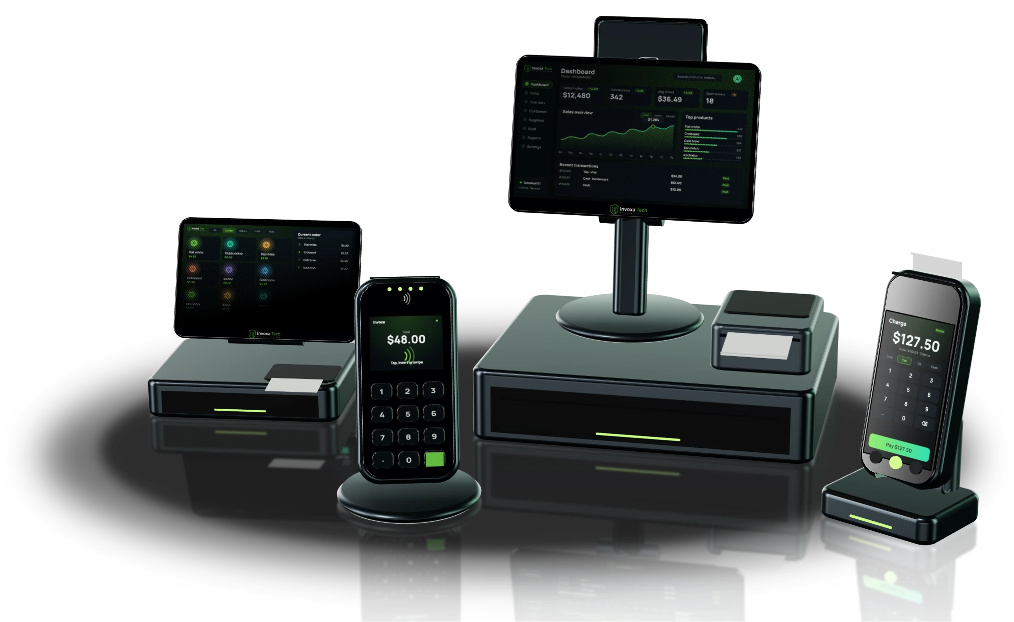 Complete Invoxa countertop POS setup: full station, POS mini, card terminal and handheld